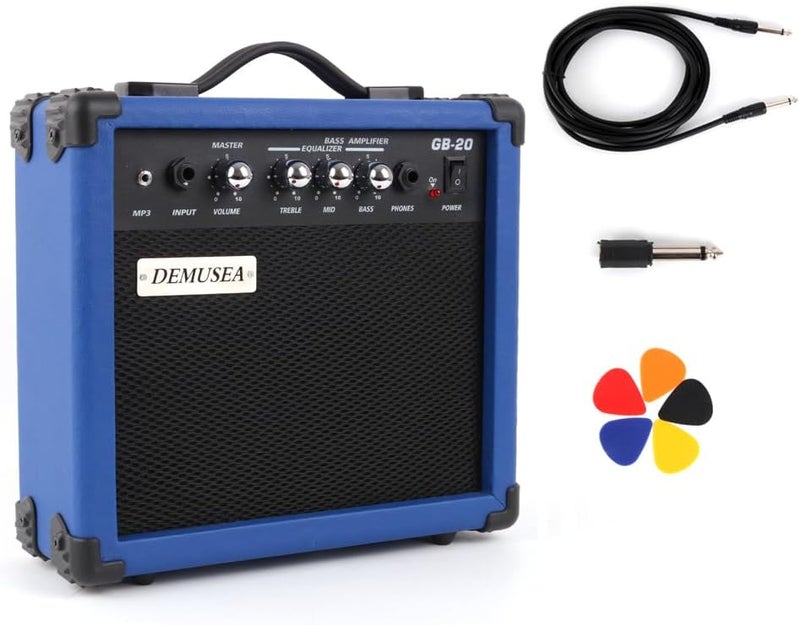 demusea 20W Watt Dark Blue Electric Bass Guitar Amplifier Portable Travel Mini Practice Amp Headphone Jack Aux Treble Middle Bass Mp3 with Cable Adapter Guitar Picks in - Image 1